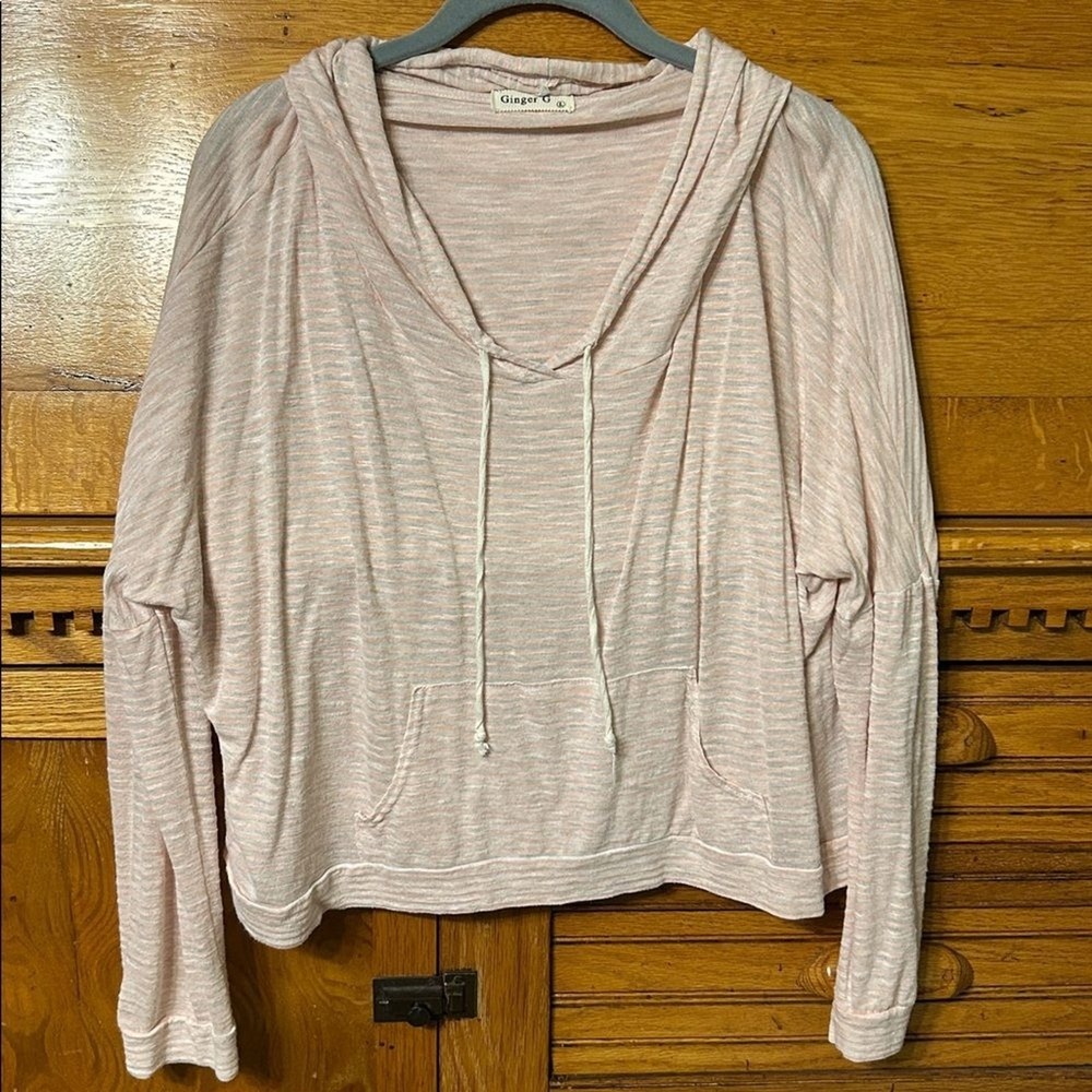 Ginger G Pink Striped Lightweight Knit Cropped Hoodie Pullover Beachy Boho‎ Chic